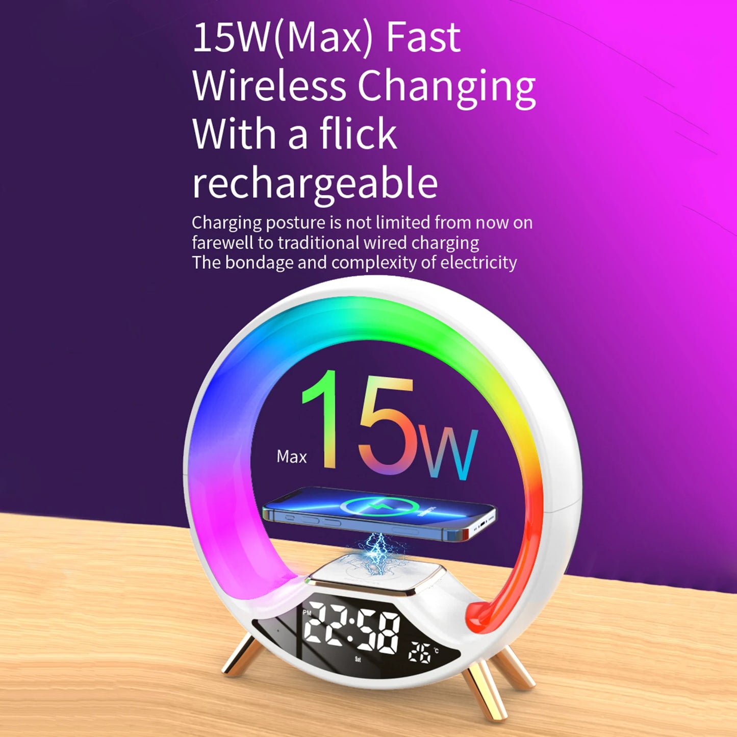 Cargador inalámbrico multifuncional de 15 W, reloj despertador con luz ambiental de color RGB, luz nocturna, amanecer, despertador analógico para dormitorio