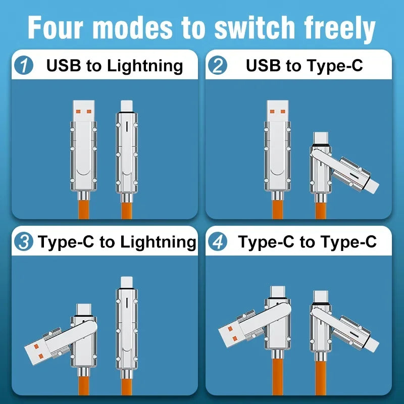 4in1 USB C Lightning Cable 120W PD Fast Charging Data Wire 5A Metal USB Multi Charging Cord For iPhone 15 Samsung Xiaomi