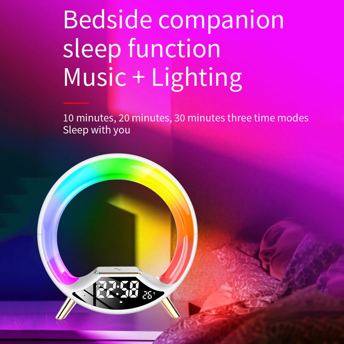 Cargador inalámbrico multifuncional de 15 W, reloj despertador con luz ambiental de color RGB, luz nocturna, amanecer, despertador analógico para dormitorio